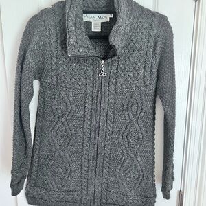 Aran Mor 100% Merino Wool Ireland zip up Gray Unisex Cardigan Sweater Size M